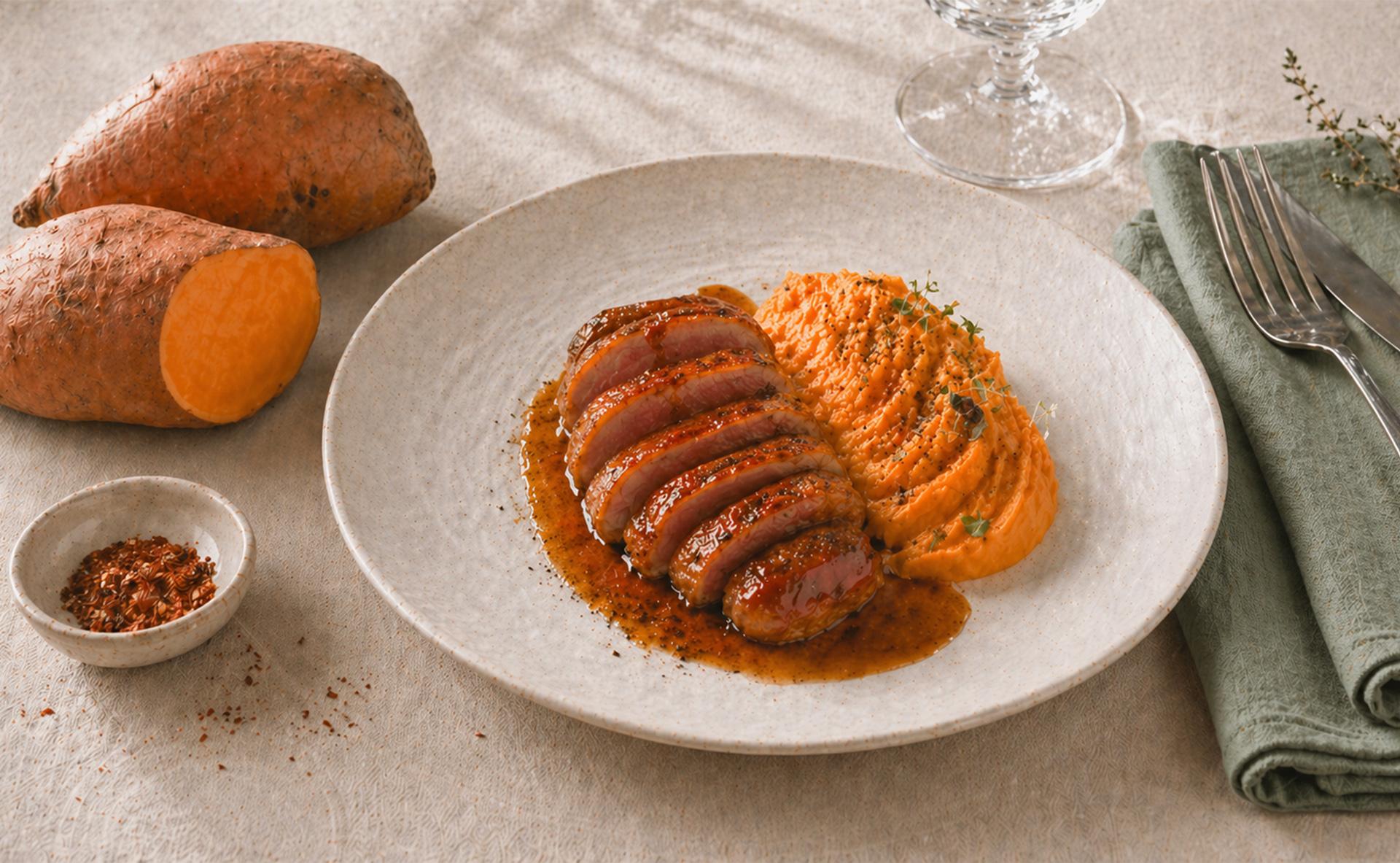 Canette rôtie au piment d'Espelette, embeurrée de patate douce