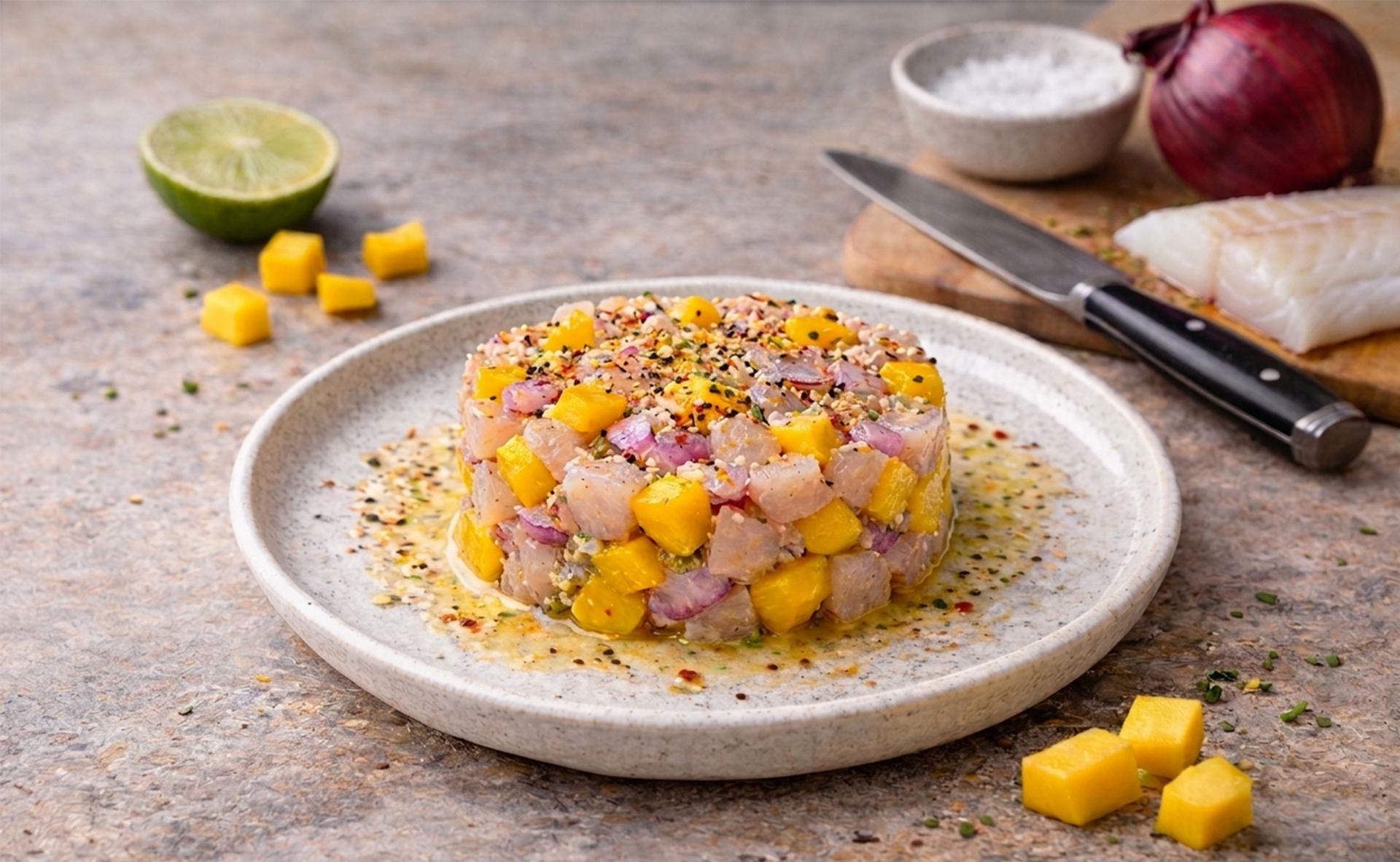 Tartare de cabillaud, mangue fraiche et oignons rouges