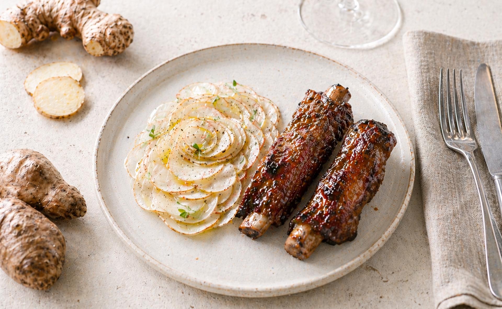 Travers de porc caramélisés au gingembre et salade de topinambours