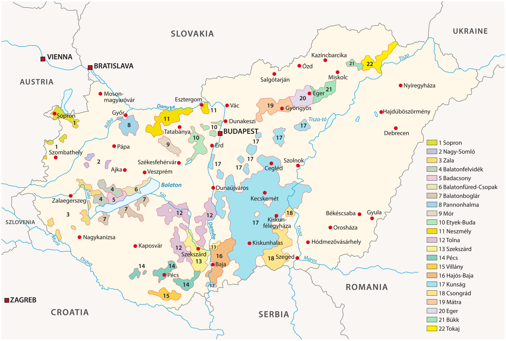 La carte des régions de la Hongrie