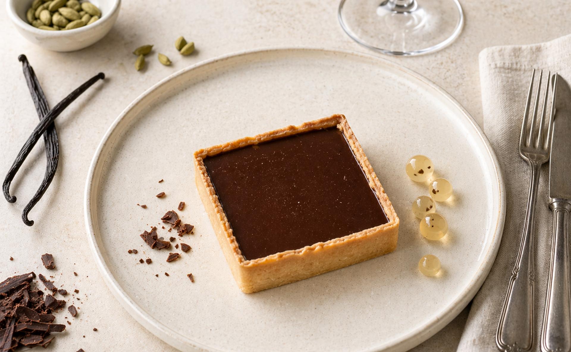 Tarte au chocolat noir de Madagascar et vanille de Madagascar gelée de cardamome