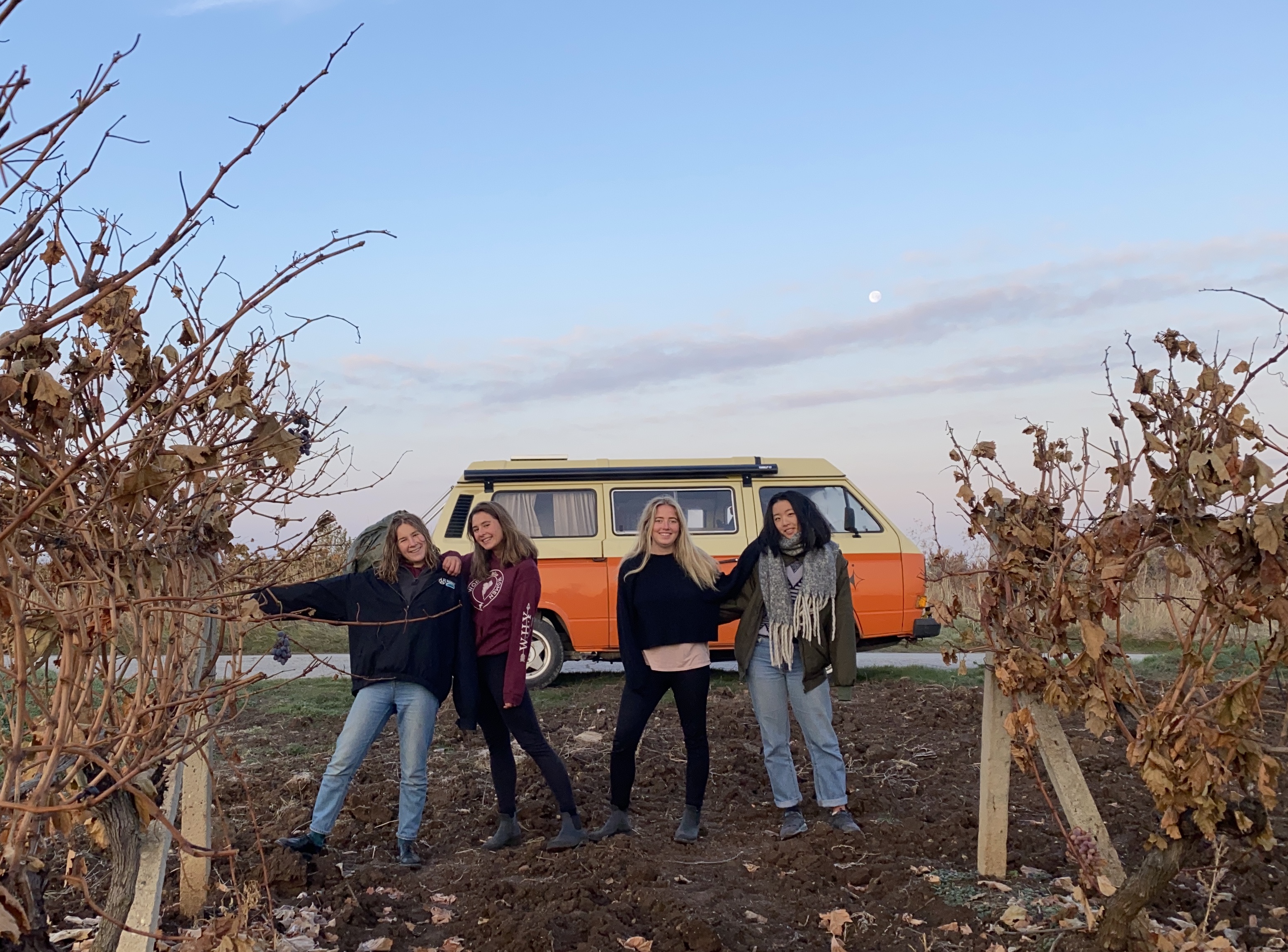 Zoé, Elisabeth, Manon, Sophie devant leur fidèle Betty dans les vignes de Plovdiv, Bulgarie - Crédit photo : Worldwine Women