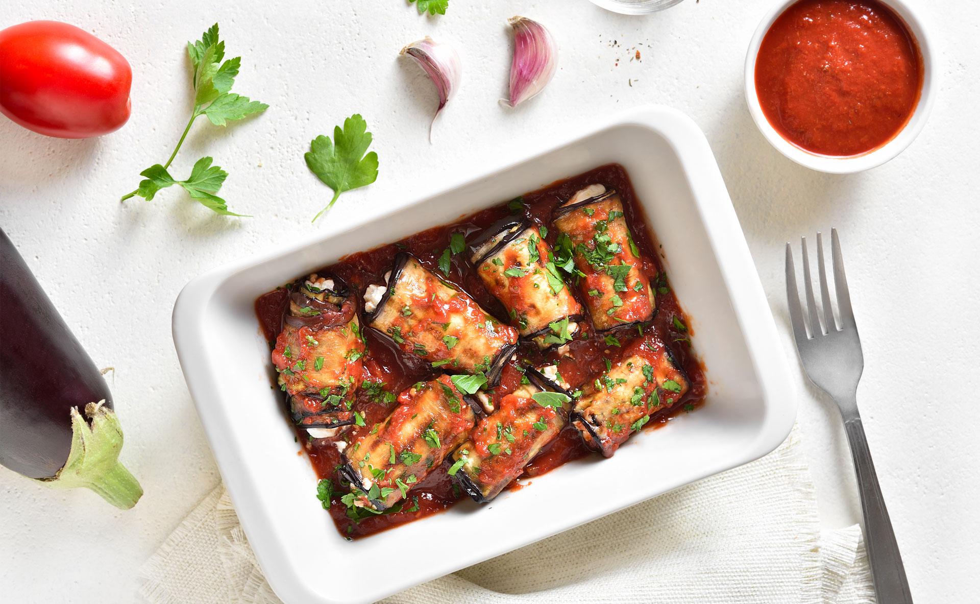 Roulés d'aubergines à la ricotta et au basilic
