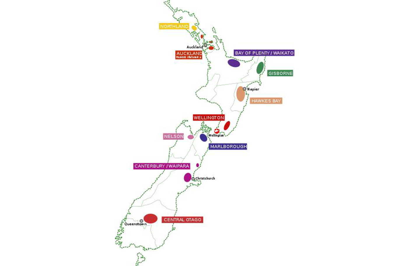 Carte des régions viticoles de Nouvelle-Zélande