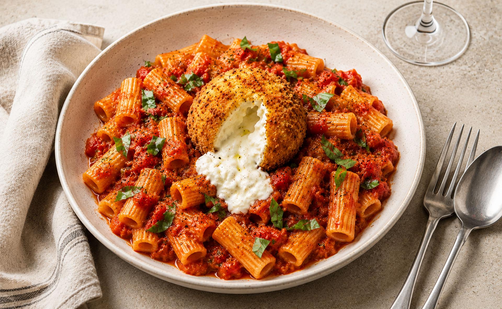 Rigatoni tomates basilic et burrata panée