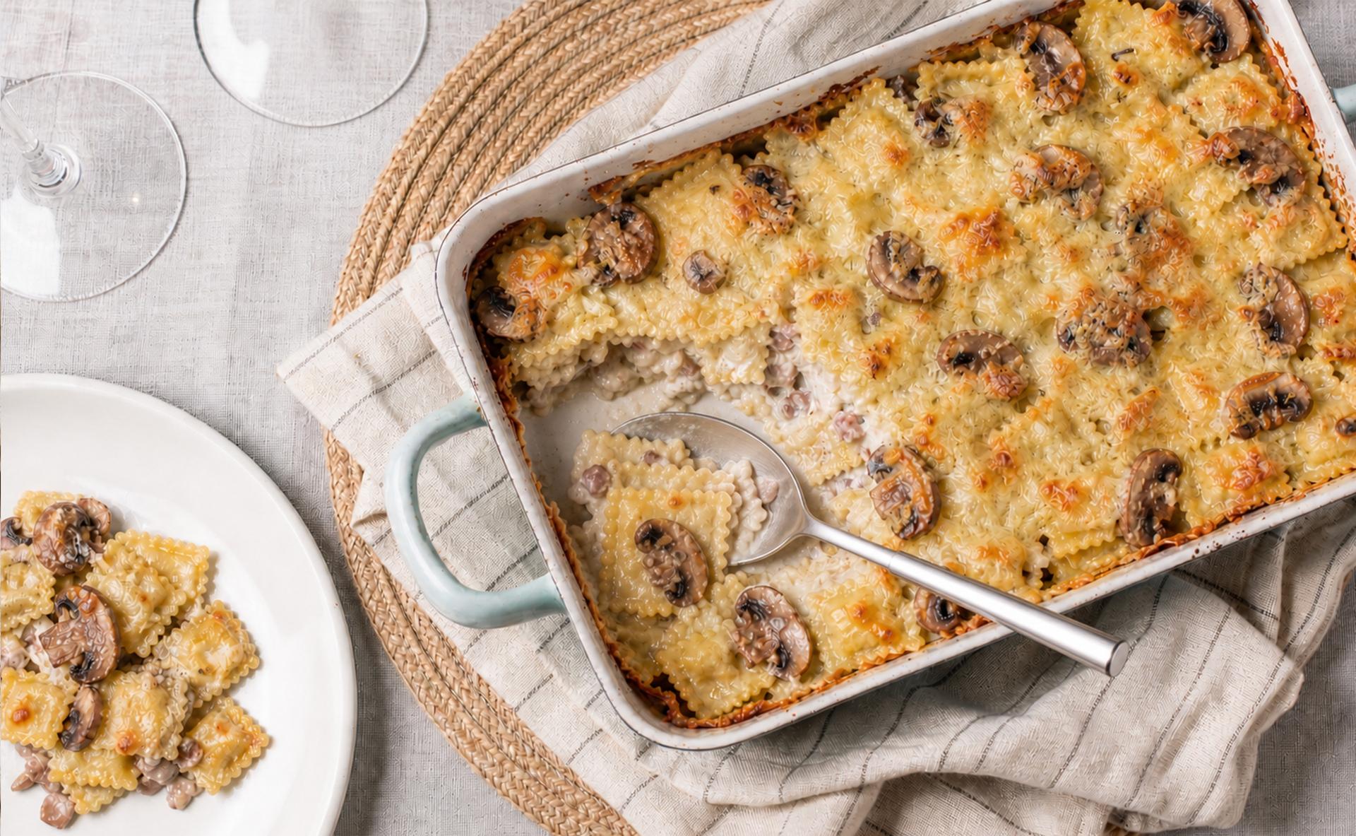 Gratin de ravioles aux champignons et comté