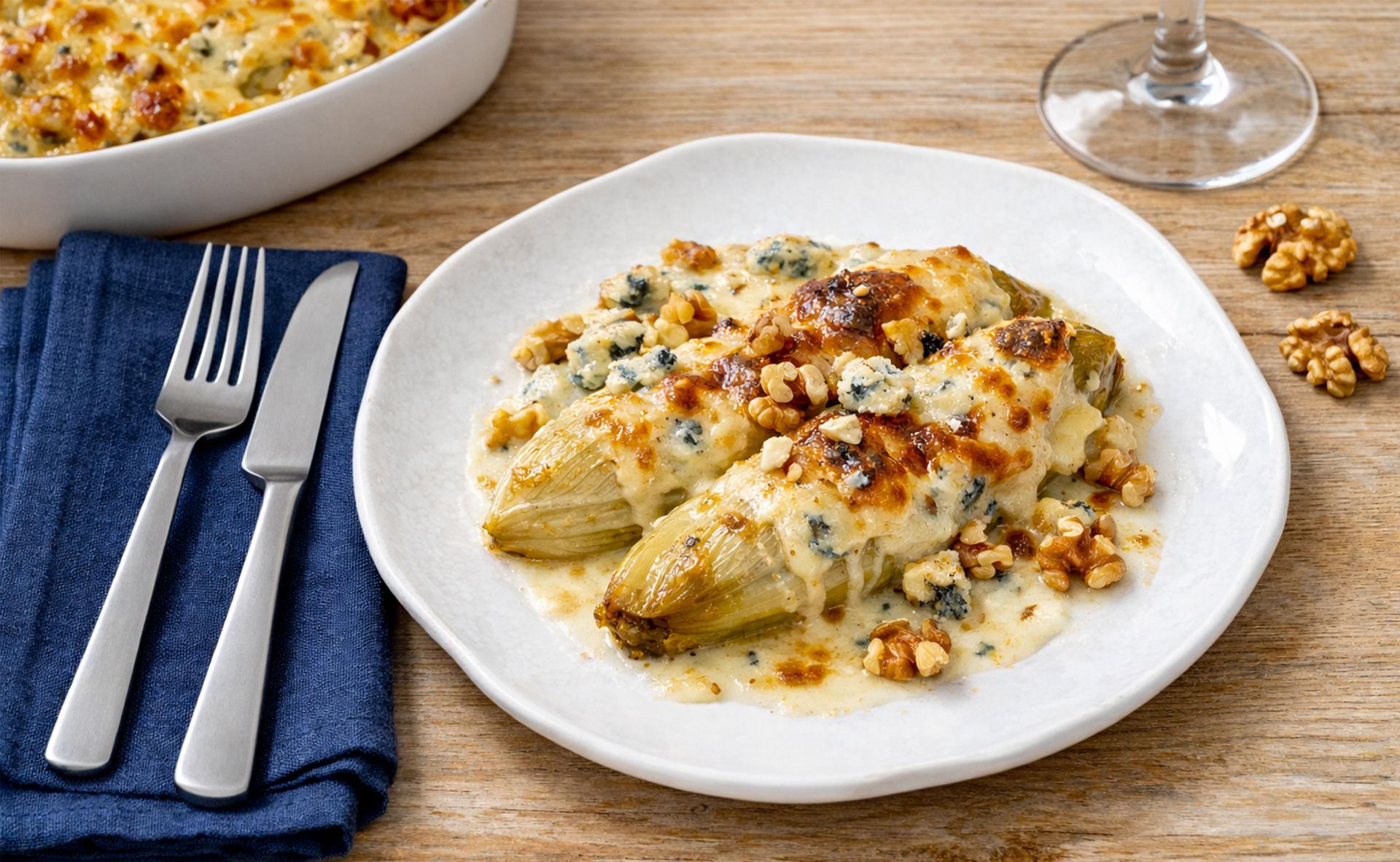 Gratin d'endives au Roquefort et aux noix