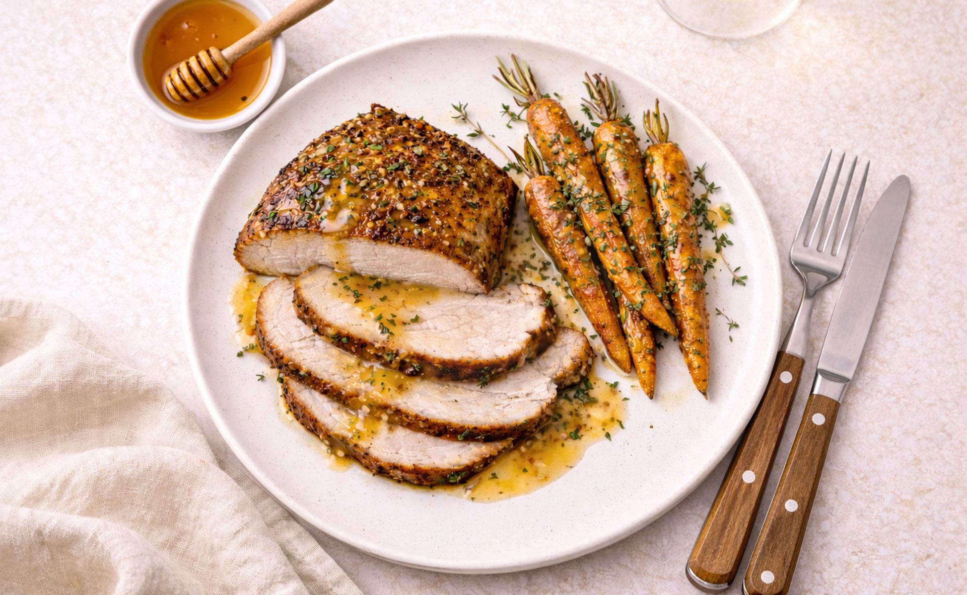 Rôti de porc au miel, moutarde et carottes rôties au thym